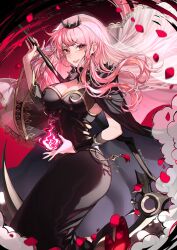 Rule 34 | 1girl, absurdres, black dress, black nails, breasts, dress, fire, floating hair, highres, holding, holding scythe, hololive, hololive english, large breasts, long hair, mori calliope, mori calliope (1st costume), open mouth, petals, pink eyes, pink fire, pink hair, red background, reverse grip, rose petals, savi (byakushimc), scythe, smoke, veil, virtual youtuber, weapon behind back