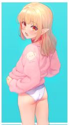Rule 34 | 1girl, artistic error, ass, blonde hair, blue background, blush, collar, commentary, corrupted twitter file, from behind, highres, long hair, looking at viewer, looking back, makaino ririmu, nijisanji, no pants, open mouth, panties, pink sweater, pointy ears, red collar, red eyes, sabamen, simple background, solo, sweater, underwear, virtual youtuber, white panties