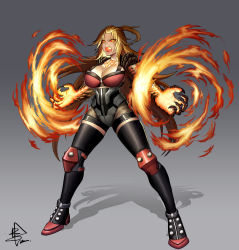 Rule 34 | absurdres, blonde hair, breasts, colored sclera, fire breath, highres, red sclera, scales, yellow eyes