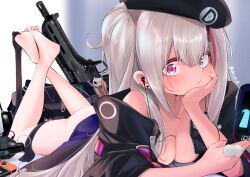 Rule 34 | 1girl, artist name, battle rifle, beret, between breasts, bottomless, breasts, bullpup, cellphone, cheek rest, cleavage, crossed legs, desert tech mdr, earphones, explosive, flip phone, foot dangle, girls&#039; frontline, grenade, grey hair, gun, hat, head rest, highres, holding, holding phone, jacket, long hair, lying, mdr (girls&#039; frontline), medium breasts, multicolored hair, ohichi16, on stomach, one side up, open clothes, open jacket, phone, pink eyes, rifle, solo, streaked hair, unworn thighhighs, weapon