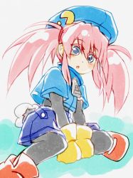 Rule 34 | 1girl, blue eyes, blush, cosplay, foot out of frame, gloves, hat, kaze no klonoa, long hair, looking at viewer, lowres, maruru (marimo811), open mouth, pac-man (game), pink hair, presea combatir, simple background, solo, tales of (series), tales of symphonia, twintails