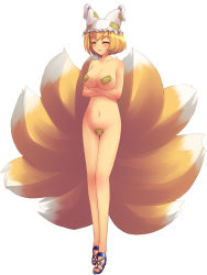 Rule 34 | 1girl, animal ears, blonde hair, breasts, female focus, fox ears, fox tail, full body, hat, kitsune, kyuubi, maebari, multiple tails, nude, seal (animal), shoes, short hair, solo, tail, thigh gap, thighs, third-party edit, touhou, white background, yakumo ran