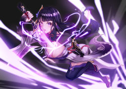 Rule 34 | 1girl, absurdres, arm up, armor, braid, breasts, bridal gauntlets, cleavage, drawing sword, electricity, fingernails, flower, frown, full body, genshin impact, glowing, glowing sword, glowing weapon, hair flower, hair ornament, hair tie, high heels, highres, holding, holding sword, holding weapon, human scabbard, inzotic, japanese clothes, jumping, kimono, leg up, lightning background, long hair, low-braided long hair, low-tied long hair, medium breasts, mitsudomoe (shape), mole, mole under eye, nail polish, obi, obiage, obijime, open mouth, purple background, purple eyes, purple flower, purple hair, purple kimono, purple nails, purple thighhighs, raiden shogun, sandals, sash, short kimono, shoulder armor, shrug (clothing), solo, sword, tassel, thighhighs, tomoe (symbol), very long hair, weapon, wide sleeves