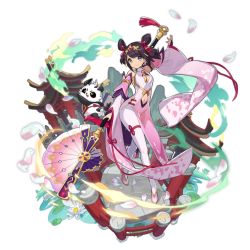 Rule 34 | blue eyes, brown hair, china dress, chinese clothes, cygames, dragalia lost, dress, hand fan, lin you, long sleeves, looking at viewer, nintendo, non-web source, official art, pagoda, panda, saitou naoki, solo, standing, transparent background, wide sleeves