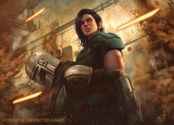 1boy 1girl anthonyfoti armor battle black_hair cara_dune clenched_teeth copyright_name din_djarin helmet highres laser mandalorian mandalorian_armor mandalorian_helmet outdoors short_hair star_wars teeth the_mandalorian