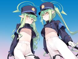 Rule 34 | 2girls, armband, between legs, black hat, black tail, blue archive, blue armband, blush, breasts, cameltoe, clothes lift, commentary request, covered navel, crop top, demon tail, earrings, flat chest, gloves, gradient background, green hair, hair between eyes, halo, hat, hikari (blue archive), jewelry, long hair, long sleeves, looking at viewer, multiple girls, navel, no bra, no panties, no pants, nozomi (blue archive), pantyhose, parted lips, peaked cap, pointy ears, ponytail, shirt, sidelocks, simple background, stomach, tail, tail between legs, train conductor, twintails, uno ryoku, very long hair, white gloves, white pantyhose, yellow eyes