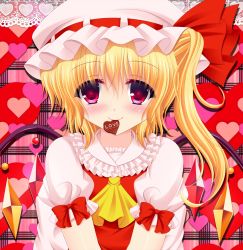 Rule 34 | 1girl, ascot, blonde hair, blush, female focus, flandre scarlet, hat, hat ribbon, heart, heart background, highres, mouth hold, plaid, plaid background, red eyes, ribbon, shimotsuki keisuke, short hair, side ponytail, smile, solo, touhou, wings