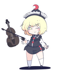 Rule 34 | 1girl, black footwear, black hat, black skirt, black vest, blonde hair, blush stickers, chahan (fried rice0614), closed mouth, crescent, crescent hat ornament, hat, hat ornament, highres, instrument, long sleeves, lunasa prismriver, one-hour drawing challenge, one eye closed, shoes, short hair, simple background, skirt, smile, socks, solo, touhou, vest, violin, white background, white socks, yellow eyes
