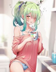 Rule 34 | 1girl, alternate costume, alternate hairstyle, bare shoulders, blue panties, blurry, blurry background, breasts, ceres fauna, cleavage, collarbone, commentary, cup, english commentary, gradient hair, green hair, hair branch, hair over one eye, highres, holding, holding cup, hololive, hololive english, indoors, jewelry, large breasts, long sleeves, looking at viewer, medium breasts, multicolored hair, necklace, off shoulder, one eye closed, panties, pantyshot, pink shirt, ponytail, shirt, sidelocks, sk jynx, solo, squeans, tea, underwear, upper body, virtual youtuber, yellow eyes