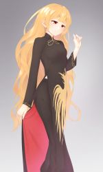 Rule 34 | 1girl, absurdres, adapted costume, black dress, black skirt, blonde hair, breasts, china dress, chinese clothes, commentary request, dress, gradient background, grey background, hand up, highres, junko (touhou), kanpa (campagne 9), light smile, long hair, long skirt, long sleeves, red eyes, side slit, simple background, skirt, small breasts, solo, standing, touhou, very long hair, vietnamese dress, wavy hair
