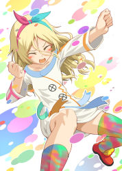 Rule 34 | 1girl, alice gear aegis, blonde hair, closed mouth, collarbone, colorful, commentary request, hair between eyes, hairband, miyaminami hikari, multicolored clothes, multicolored legwear, open mouth, pinakes, red footwear, shirt, smile, solo, white shirt, wide sleeves