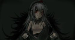 Rule 34 | 00s, 1girl, black dress, breasts, collarbone, dark, detached collar, doll, doll joints, dress, frills, hairband, joints, lolita hairband, looking at viewer, no nipples, red eyes, rozen maiden, shimadoriru, silver hair, solo, suigintou, topless, undressing