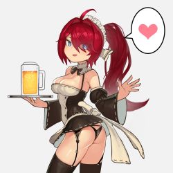 Rule 34 | 1girl, ahoge, alcohol, bare shoulders, beer, beer mug, black bow, black panties, black thighhighs, blue eyes, bow, commission, covered navel, cup, detached sleeves, eyes visible through hair, garter straps, grey background, hair over one eye, heart, highres, holding, holding tray, long hair, mahaguriy, maid headdress, mug, open mouth, original, panties, ponytail, red hair, simple background, skeb commission, skindentation, smile, solo, speech bubble, spoken heart, symbol-shaped pupils, thighhighs, tongue, tray, turtleneck, underwear, waving, wide sleeves, x-shaped pupils