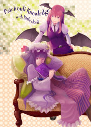 Rule 34 | 2girls, bat wings, book, boots, character name, checkered background, couch, crescent, dress, female focus, frills, hair ribbon, hand on own hip, hat, head tilt, head wings, hiraoka masamune, koakuma, long hair, multiple girls, necktie, patchouli knowledge, pillow, purple eyes, purple hair, red hair, ribbon, smile, touhou, vest, wings
