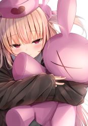 Rule 34 | 1girl, absurdres, black cardigan, blush, cardigan, closed mouth, hair ornament, hat, heart, highres, holding, holding stuffed toy, light brown hair, long hair, long sleeves, looking at viewer, natori sana, nurse cap, pink hat, rabbit hair ornament, red eyes, sana channel, sashima, simple background, solo, stuffed animal, stuffed rabbit, stuffed toy, two side up, upper body, virtual youtuber, white background