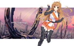 1girl ahoge boots braid breasts brown_eyes brown_hair danny_choo female_focus hair_ornament hairclip highres iizuki_tasuku official_art solo suenaga_mirai thighhighs twin_braids zettai_ryouiki