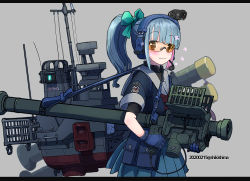 Rule 34 | 1girl, :3, alternate costume, black border, blue gloves, blue skirt, blunt bangs, border, bow, dated, gloves, hair bow, headphones, headset, holding, kantai collection, orange-tinted eyewear, orange-tinted glasses, pleated skirt, ponytail, pouch, rigging, rocket launcher, shikishima fugen, short sleeves, simple background, skirt, smile, solo, sunglasses, tinted eyewear, twitter username, undershirt, weapon, weapon request, yuubari (kancolle)