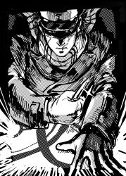 Rule 34 | 1boy, absurdres, aoi (husiginokuninoa), bara, coat, expressionless, foreshortening, glint, golden kamuy, greyscale, hat, highres, holding, holding knife, kepi, knife, looking down, male focus, military hat, monochrome, scar, scar on face, scar on mouth, scar on nose, scarf, short hair, skinning, solo, sugimoto saichi, upper body