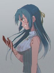 Rule 34 | 1girl, bare arms, bare shoulders, blood, blood on clothes, blood on face, blood on hands, clenched teeth, green hair, grey background, grimace, hair ribbon, higurashi no naku koro ni, jewelry, long hair, looking at hand, necklace, profile, ribbed sweater, ribbon, sidelocks, simple background, sleeveless, sleeveless sweater, solo, sonozaki shion, sweater, teeth, tsubobot, upper body, yellow ribbon