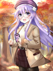 Rule 34 | 1girl, absurdres, alternate costume, autumn, autumn leaves, belt, beret, bimmy, blurry, blurry background, cellphone, commentary, d-pad, d-pad hair ornament, english commentary, glasses, hair between eyes, hair ornament, hat, highres, holding, holding phone, light brown jacket, long hair, looking at viewer, nepgear, neptune (series), open mouth, pantyhose, phone, purple eyes, purple hair, red skirt, shirt, sidelocks, skirt, solo, tree, yellow shirt