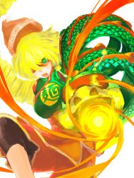 Rule 34 | 1girl, :o, @ @, aiming, aiming at viewer, arms (game), bakage, beanie, black pantyhose, blonde hair, bob cut, breasts, bright pupils, chinese clothes, clothes writing, crop top, domino mask, dragon, dragon (arms), eastern dragon, facing away, food, green eyes, green shirt, hair between eyes, hair over one eye, hat, leg up, leggings, leggings under shorts, looking at viewer, mask, medium breasts, min min (arms), noodles, open mouth, orange hat, orange shorts, pantyhose, scales, shirt, short hair, shorts, solo, standing, standing on one leg, teeth, tongue, turtleneck, unworn hat, unworn headwear, white pupils