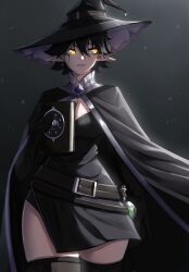 Rule 34 | 1girl, absurdres, belt, black cloak, black dress, black gloves, black hair, book, breasts, cleavage, cloak, commentary, cowboy shot, dress, earrings, elbow gloves, facial mark, flask, gloves, hat, highres, holding, holding book, jewelry, large breasts, original, pointy ears, rageman709, round-bottom flask, short dress, short hair, sideways glance, solo, stud earrings, thick thighs, thighhighs, thighs, wide hips, witch hat, yellow eyes