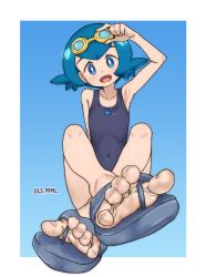 Rule 34 | 1girl, blue background, blue eyes, blue hair, border, bright pupils, creatures (company), feet, female focus, foot focus, foreshortening, game freak, goggles, goggles on head, head tilt, lana (pokemon), looking at viewer, nintendo, one-piece swimsuit, open mouth, outside border, pokemon, pokemon sm, sandals, sitting, solo, spread toes, swimsuit, tareme, toes, tsukimaru (ls 99ml), twitter username, white border, white pupils