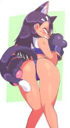Rule 34 | 1girl, animal ears, animal hands, ass, ass focus, ass grab, bare shoulders, blush, border, cat ears, cat girl, cat paws, cat tail, crop top, dark-skinned female, dark skin, from behind, gloves, grabbing own ass, green background, grin, hair ornament, hairclip, highres, ijiranaide nagatoro-san, inkerton-kun, kemonomimi mode, long hair, looking at viewer, looking back, nagatoro hayase, orange eyes, paw gloves, shirt, simple background, sleeveless, sleeveless shirt, smile, solo, standing, straight hair, sweat, sweatdrop, tail, thigh gap, thighs, white border