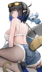Rule 34 | 1girl, absurdres, arknights, ass, bare shoulders, bird, black footwear, black hair, blue eyes, blunt bangs, bra, commentary request, cutoffs, denim, denim shorts, eunectes (arknights), goggles, goggles on head, high heels, high priest (arknights), highres, looking at viewer, pantyhose, pointy ears, seiza, short hair, short shorts, shorts, sitting, snake tail, solo, tail, thighs, underwear, wawamachi (wawamachis), white bra