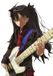 Rule 34 | 1girl, absurdres, black hair, bow, fate/stay night, fate (series), green eyes, guitar, hair bow, highres, instrument, kuwana ikuo, long hair, necktie, solo, tohsaka rin, two side up