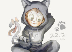 Rule 34 | 1boy, animal costume, animal ear hood, animal ears, animal hands, arm behind head, artist name, black eyes, blush, bow, brown hair, cat costume, cat ears, cat tail, commentary, danganronpa (series), danganronpa v3: killing harmony, dated, embarrassed, english commentary, fake animal ears, fake tail, feet out of frame, gloves, grey gloves, grey hood, grey jacket, hood, hood up, hooded jumpsuit, hoshi ryoma, jacket, loiodg, looking down, male focus, onesie, open mouth, paw gloves, paw print, red bow, short hair, simple background, sitting, smile, solo, sweat, tail, tail bow, tail ornament, teeth, white background