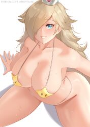 Rule 34 | 1girl, absurdres, bare shoulders, bikini, blonde hair, blue eyes, borrowed design, breasts, collarbone, crown, from above, hair over one eye, highres, large breasts, long hair, looking at viewer, mandytsune, mario (series), micro bikini, nintendo, rosalina, shiny skin, simple background, smile, solo, star bikini, super star (mario), super mario galaxy, sweat, swimsuit, white background