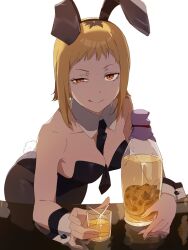 Rule 34 | 1girl, animal ears, between breasts, black leotard, black necktie, breasts, chainsaw man, cup, detached collar, drinking glass, fake animal ears, fake tail, glint, highres, ikanyoikanikan, leotard, looking at viewer, medium breasts, multicolored hair, necktie, necktie between breasts, orange eyes, pantyhose, parted lips, playboy bunny, rabbit ears, rabbit tail, roots (hair), sawatari akane (chainsaw man), short hair, shot glass, simple background, slit pupils, smile, snake, solo, squinting, strapless, strapless leotard, tail, uneven eyes, white background, wrist cuffs