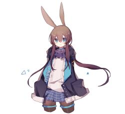 Rule 34 | 1girl, amiya (arknights), animal ears, arknights, arms behind back, ascot, black jacket, blue eyes, blue skirt, brown hair, brown pantyhose, closed mouth, commentary, cot (co2cotton), cropped legs, frilled ascot, frills, hair between eyes, highres, jacket, long hair, looking at viewer, open clothes, open jacket, pantyhose, plaid, plaid skirt, rabbit ears, rabbit girl, sidelocks, simple background, skirt, smile, solo, sweater, symbol-only commentary, thighlet, white background, white sweater