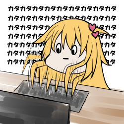 akai haato, bangs, blonde hair, closed mouth, hair ornament, heart, heart hair ornament, hololive, keyboard (computer), kira dx kira, severed head, sound effects, typing, white background
