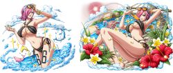 Rule 34 | 1girl, animal, ass, bare arms, bare shoulders, bikini, bird, blue eyes, bracelet, breasts, curvy, dolphin, female focus, flamingo, flower, food, hair over one eye, hip focus, house, jewelry, large breasts, legs, lying, navel, ocean, official art, official card illustration, one piece, one piece: treasure cruise, pink hair, popsicle, short hair, sky, stomach, sunglasses, sunglasses on head, swimsuit, tattoo, thick thighs, thighs, vinsmoke reiju, water, wide hips