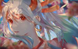 Rule 34 | 1girl, blue hair, cherry blossoms, close-up, commentary, earrings, floating hair, green hair, hair between eyes, hair ornament, highres, horns, japanese clothes, jewelry, kimono, looking at viewer, machida 0906, multicolored hair, one piece, orange eyes, petals, ponytail, red horns, sidelocks, sky, solo, white hair, white kimono, yamato (one piece)
