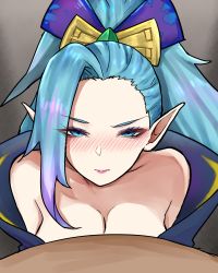 Rule 34 | 1boy, 1girl, absurdres, asymmetrical bangs, bare shoulders, blue eyes, blush, bow, breasts, cleavage, collarbone, from above, gradient background, green hair, grey background, hair bow, highres, league of legends, long hair, looking at viewer, looking up, pointy ears, ponytail, pov, spirit blossom vayne, vayne (league of legends), wei miao