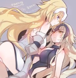 Rule 34 | 2girls, ass, back, bare shoulders, blonde hair, blue eyes, blush, breasts, cleavage, elbow gloves, fate/apocrypha, fate/grand order, fate (series), gauntlets, gloves, helmet, jeanne d&#039;arc (fate), jeanne d&#039;arc (ruler) (fate), jeanne d&#039;arc (third ascension) (fate), jeanne d&#039;arc alter (avenger) (fate), jeanne d&#039;arc alter (avenger) (third ascension) (fate), jeanne d&#039;arc alter (fate), long hair, lying, mom 29 mom, multiple girls, on back, purple background, simple background, twitter username, yellow eyes, yuri