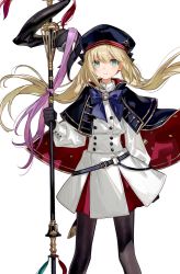 Rule 34 | 1girl, artoria caster (fate), artoria caster (second ascension) (fate), artoria pendragon (fate), belt, beret, black gloves, black pantyhose, blonde hair, blue cape, blue hat, blush, breasts, buttons, cape, chocoan, double-breasted, dress, fate/grand order, fate (series), gloves, green eyes, hat, highres, holding, holding staff, hood, hooded cape, long hair, long sleeves, looking at viewer, multicolored cape, multicolored clothes, pantyhose, red cape, small breasts, solo, staff, thighs, twintails, white dress
