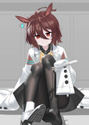 Rule 34 | 1girl, absurdres, agnes tachyon (umamusume), ahoge, animal ears, black necktie, black pantyhose, brown hair, closed mouth, coat, collared shirt, commentary request, earrings, feet, fine fabric emphasis, hair between eyes, high heels, highres, holding, holding test tube, horse ears, horse girl, horse tail, jewelry, knees up, lab coat, legs, looking at viewer, messy hair, necktie, no shoes, on ground, open clothes, open coat, pantyhose, red eyes, shirt, shoes, short hair, single earring, single shoe, sleeves past fingers, sleeves past wrists, smile, solo, sweater vest, tail, test tube, toes, umamusume, very long sleeves, white coat, white footwear, xiao xiao xiaci, yellow sweater vest