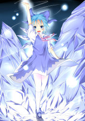 Rule 34 | 1girl, absurdres, arm up, blue eyes, blue hair, cirno, fang, highres, ice, kneehighs, looking at viewer, mary janes, matching hair/eyes, open clothes, open mouth, shoes, short hair, socks, solo, toito, touhou, wakagi repa, white socks, wings