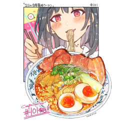 Rule 34 | 1girl, black hair, blush, bowl, chopsticks, dated, eating, egg, egg (food), english text, food, food focus, garnish, heart, holding, holding chopsticks, looking at viewer, meat, momiji mao, noodles, original, ramen, red eyes, simple background, smile, softboiled egg, solo, soup, sparkle, speech bubble, translation request, utensil, vegetable, white background