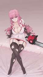 Rule 34 | 1girl, absurdres, black gloves, black panties, black thighhighs, blush, breasts, chainsaw, cleavage, closed mouth, elbow gloves, gloves, highres, hololive, hololive english, holomyth, large breasts, long hair, looking at viewer, mibe (suiseichu), mori calliope, nurse, open clothes, panties, pink hair, red eyes, smile, thighhighs, torn clothes, torn gloves, torn legwear, underwear, virtual youtuber, weapon