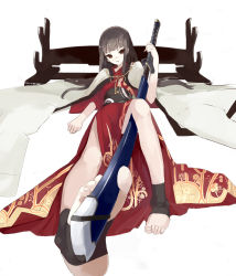 Rule 34 | 1girl, bare legs, barefoot, bed, between toes, brown hair, cape, feet, holding with feet, highres, japanese clothes, katana, kimono, long hair, looking at viewer, lying, mazonano, nekomegane, obi, on back, on bed, original, sash, soles, solo, sword, toeless legwear, toes, weapon