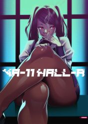 Rule 34 | 1girl, bad id, bad pixiv id, black hair, cigarette, commentary request, copyright name, crossed legs, highres, jill stingray, legs, long hair, nail polish, pantyhose, red eyes, signature, sitting, skirt, smoking, solo, steve chopz, thick thighs, thighs, twintails, va-11 hall-a