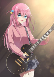Rule 34 | 1girl, blue eyes, bocchi the rock!, commentary request, cowboy shot, cube hair ornament, electric guitar, gibson les paul, gotoh hitori, grey skirt, guitar, hair between eyes, hair ornament, high collar, highres, instrument, jacket, kashiiyou, long hair, long sleeves, looking at viewer, music, open mouth, pink hair, pink jacket, plaid, plaid skirt, playing instrument, pleated skirt, skirt, smile, solo, teeth, track jacket, upper teeth only