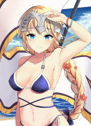 Rule 34 | 1girl, absurdres, armpits, bikini, blonde hair, blue bikini, blue eyes, blush, braid, breasts, cleavage, color1087, fate/apocrypha, fate/grand order, fate (series), flower, hair flower, hair ornament, highres, jeanne d&#039;arc (fate), jeanne d&#039;arc (ruler) (fate), large breasts, long hair, looking at viewer, navel, side-tie bikini bottom, smile, solo, swimsuit, upper body