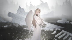 1girl absurdres bouquet brown_hair cotonoha dress feathered_wings flower grey_eyes hair_between_eyes highres holding holding_bouquet long_hair long_sleeves looking_at_viewer outdoors solo standing tree vee_(vtuber) veil very_long_hair virtual_youtuber white_dress white_flower white_wings wings yuzu_(yuzusuke10)