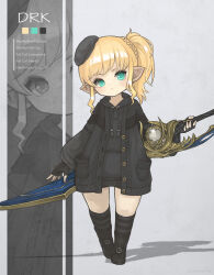 Rule 34 | 1girl, absurdres, black footwear, black gloves, black headwear, black hoodie, black shorts, black socks, black sweater, blonde hair, braid, dark knight (final fantasy), english text, final fantasy, final fantasy xiv, flat chest, full body, gloves, greatsword, green eyes, hat, head tilt, highres, holding, holding sword, holding weapon, hood, hoodie, lalafell, long bangs, mini hat, multiple views, partially fingerless gloves, pointy ears, puluie, shorts, side ponytail, simple background, socks, striped clothes, striped socks, sweater, sword, warrior of light (ff14), weapon, weapon behind back